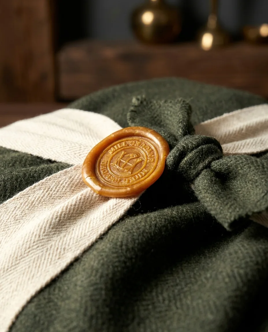 Close-up of an amber beeswax seal pressed with the mill stamp, on cotton twill over loden wool, beside a hand-tied knot