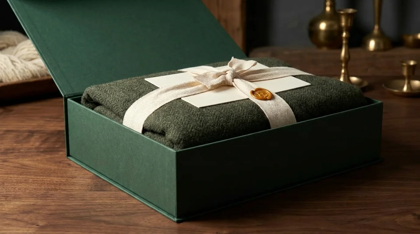 Open forest-green rigid box on a walnut table: loden wool blanket wrapped in unbleached cotton twill, tied by hand, sealed in beeswax, register card resting on top